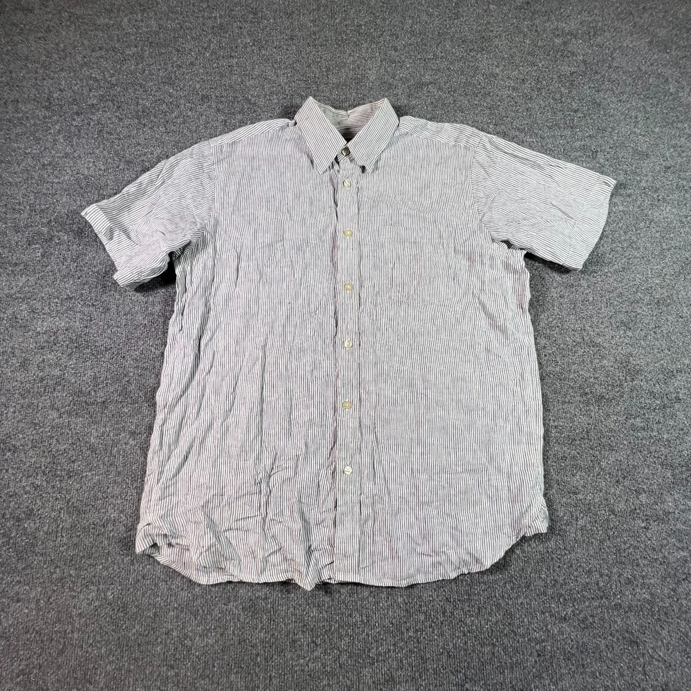 Orvis Button-Up Shirt Men's L Blue Linen Striped Workwear Outdoor Short Sleeve